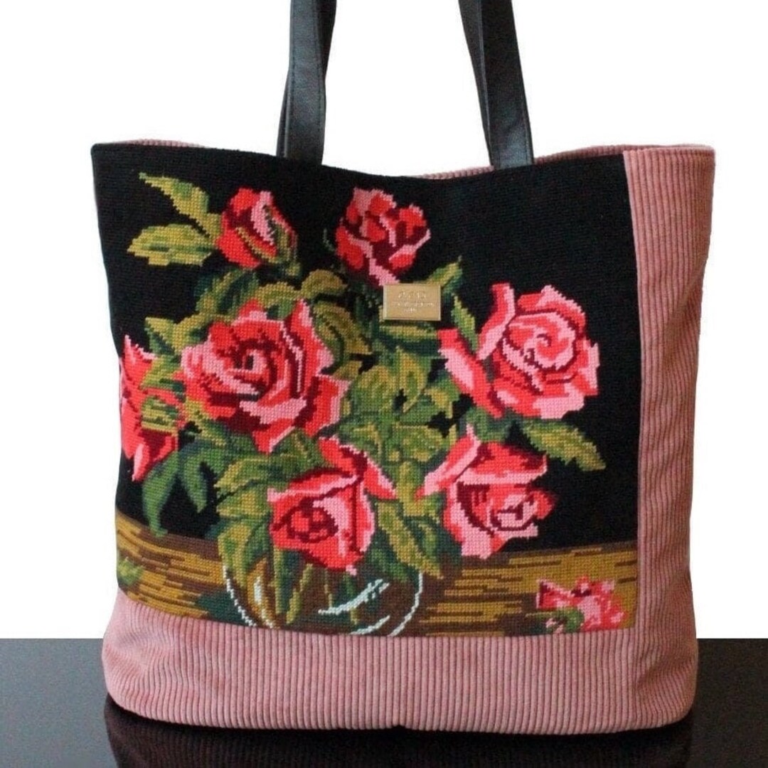 Needlepoint Tote Bag Floral French Vintage Tapestry Red Roses Etsy