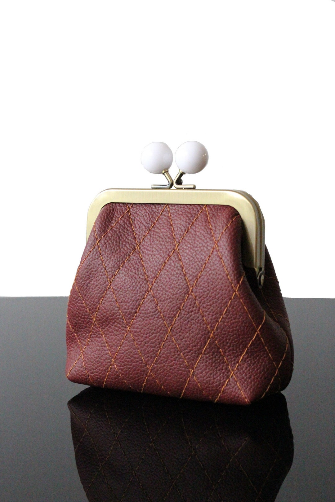 Women's Leather Coin Purse With Metal Frame Quilted Leather Makeup Bag