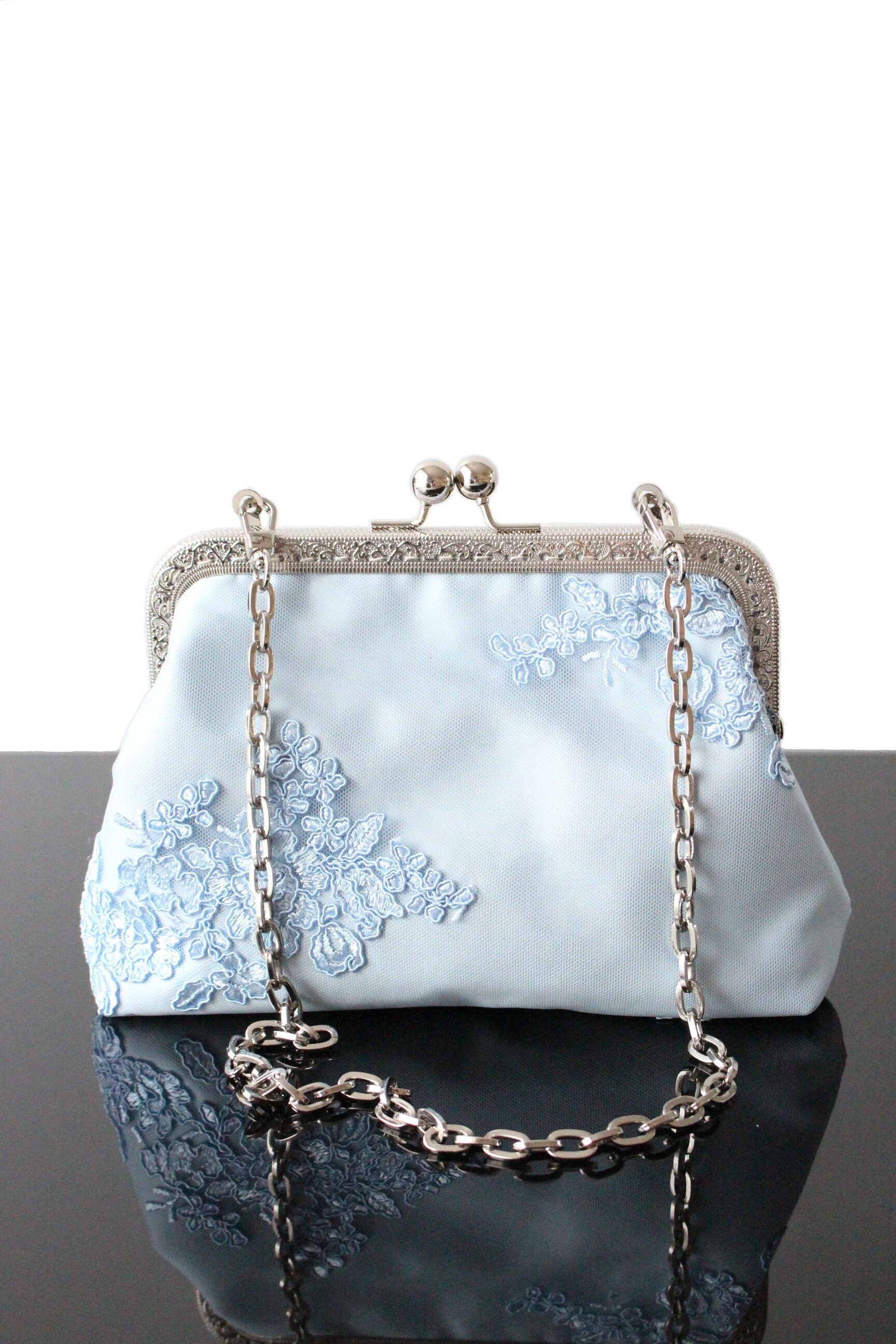 Baby Blue Wedding Clutch Bag With Silver Hardware Kisslock Light Blue Lace  Fabric Purse Luxury Gift for Bridal Day - Etsy