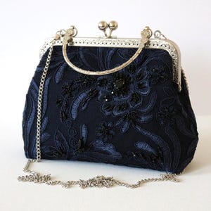 Bridal bag Navy Blue Beaded purse Evening bag Silver kisslock frame clutch