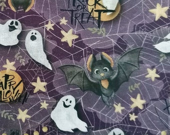 Cotton fabric - bats and ghosts, purple