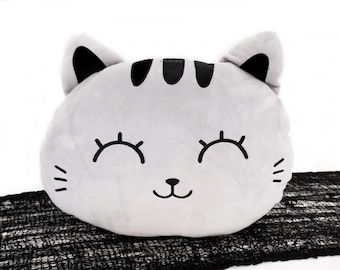 Almohada con forma de cabeza de gato, gris, grande