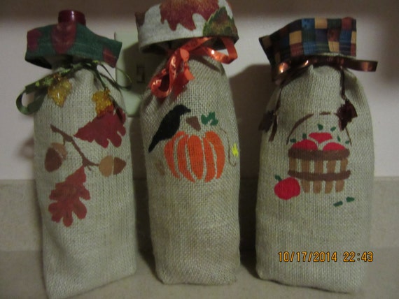 Holiday Wine Bags, Burlap Wine Bags, Party Wine Bags, Thanksgiving Gift, Fall Wine Bags, Party Gift Il_570xn