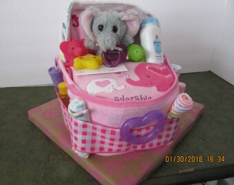 Bath Time Bassinet Diaper Cake, Elephant Theme Diaper Cake