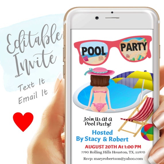 Sunglasses Pool Party Invitation Electronic Digital Invite Etsy
