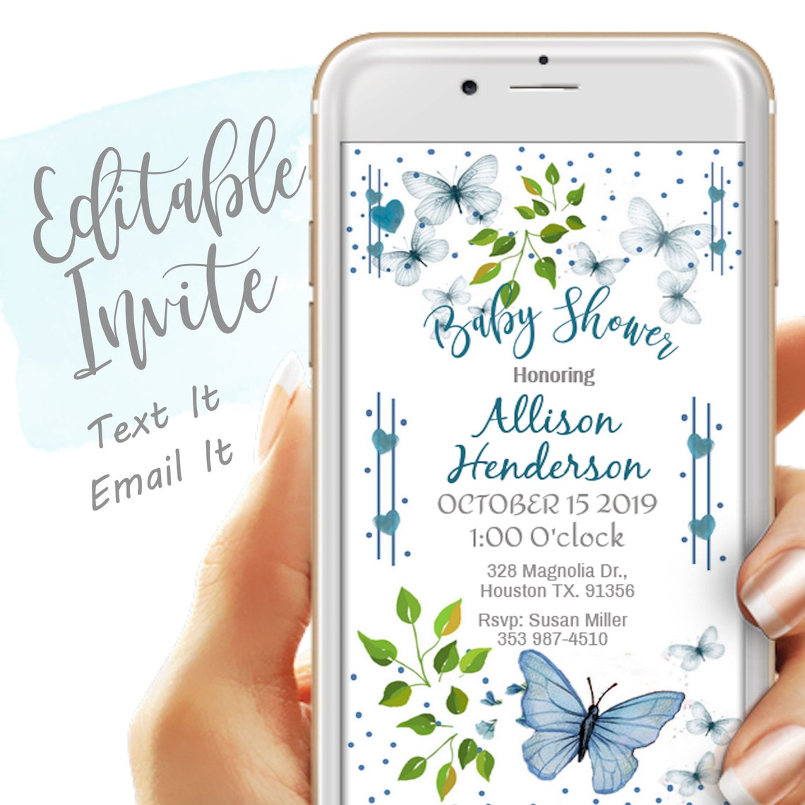 Blue Butterfly Baby Shower Invitation Electronic Invitation Etsy