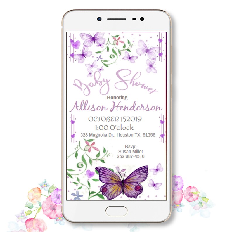 Purple Butterfly Baby Shower Invitation Digital Electronic Etsy