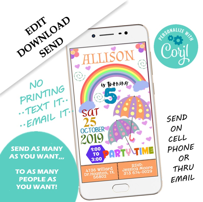 Rainbow Birthday Invitation Birthday Evite Editable Etsy
