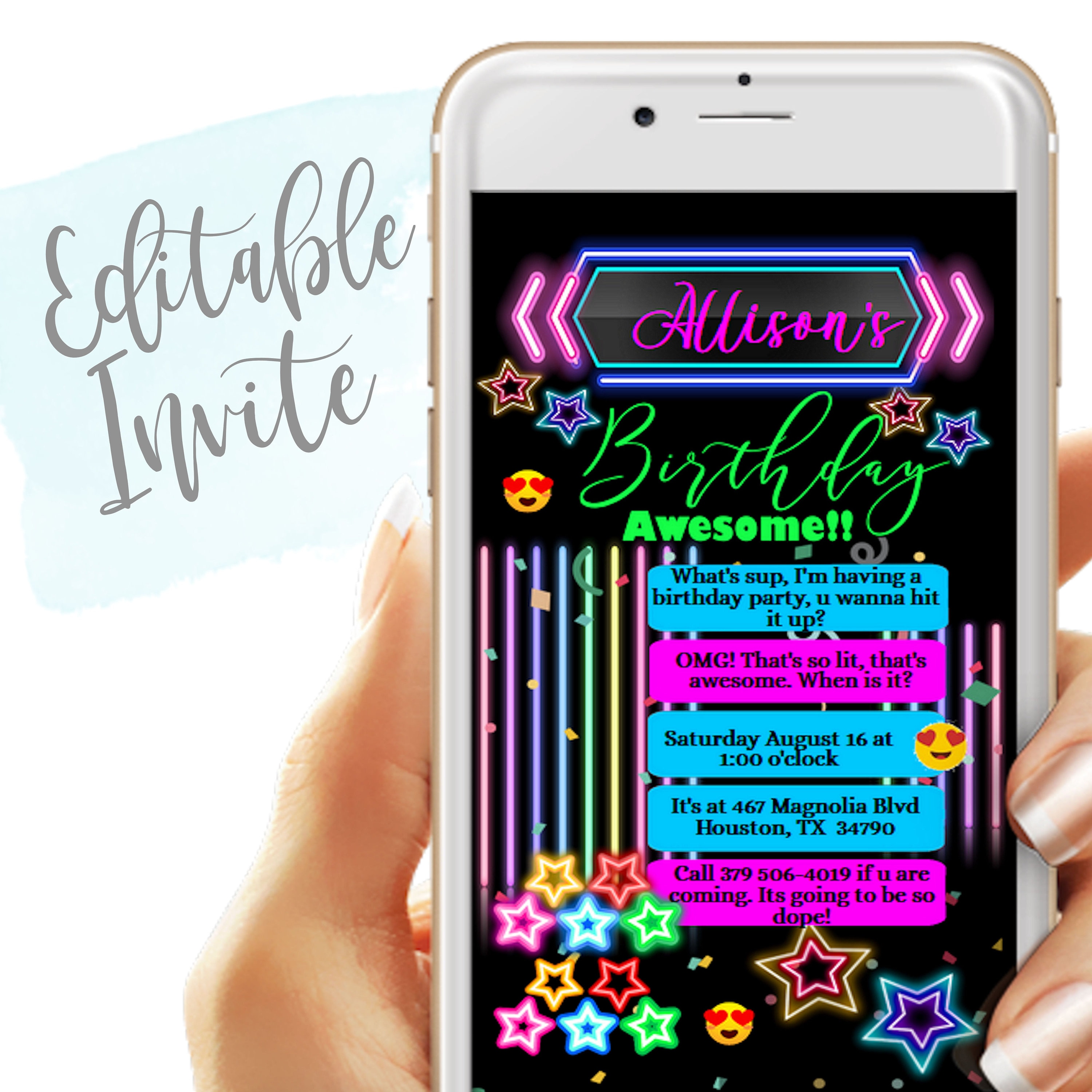 Neon Birthday Invitation Electronic Invitation Teen Invite Etsy