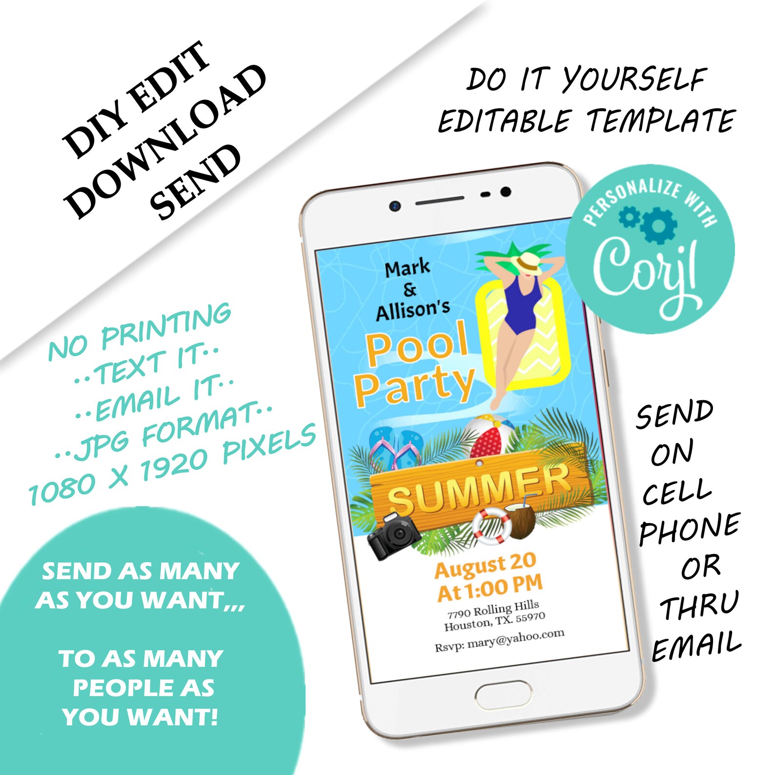 Summer Pool Party Invitation Digital Electronic Pool Party Etsy