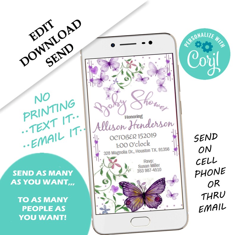 Purple Butterfly Baby Shower Invitation Digital Electronic Etsy