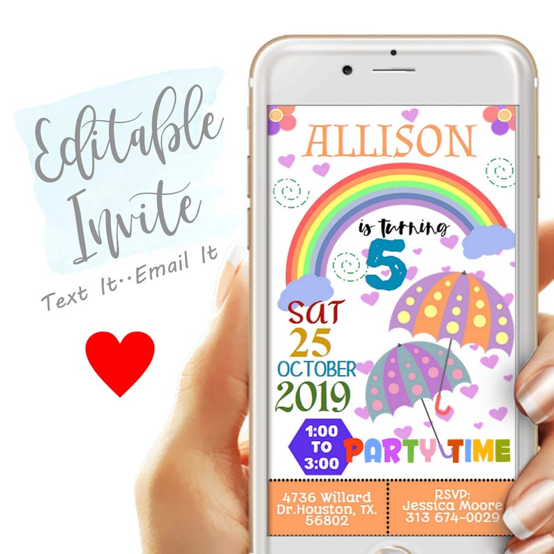 Rainbow Birthday Invitation Birthday Evite Editable Etsy