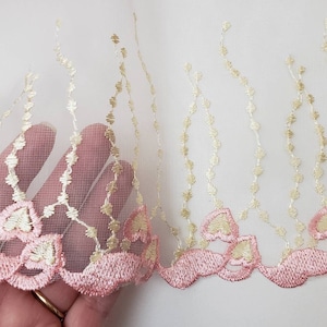 Pink Heart Sheer Lace, Embroidered Pink Ivory  curtain Mesh tulle. Dress garment fabric. Sewing craft supplies Shabby Chic Lace trims