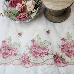 Dusty Rose Sheer Lace, Embroidery Pink Green wide soft net floral fabric lace, Tulle curtain or under garment for Sewing or Craft supplies