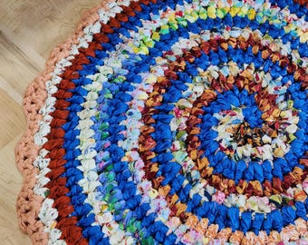 Round Rag Rug, Colorful Upcycled Crochet Accent Rug, 35.5 Inch
