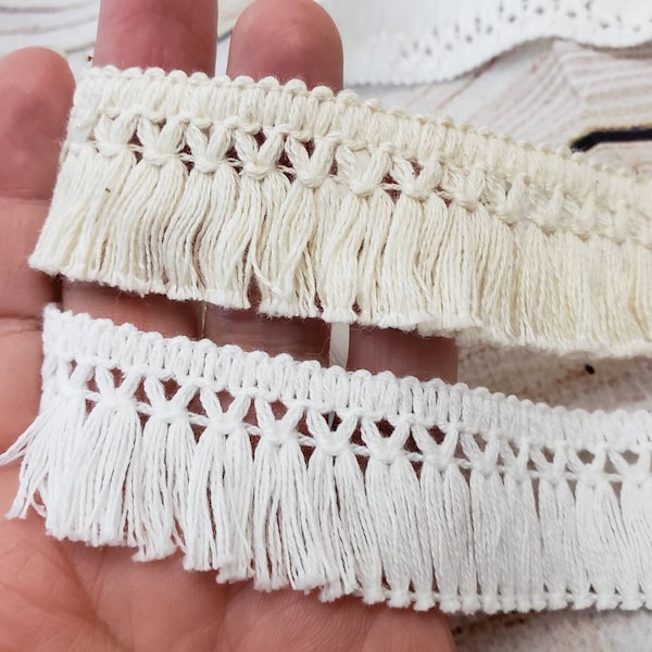 Cotton Fringe Trim, Natural or White Tassel Lace, Diy Bohemian Craft Lace Trim For Sewing, junk journal, curtains, lampshade, Boho supplies