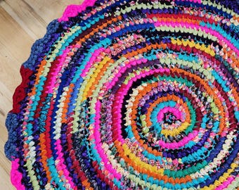 Colorful Rag Rug, Handmade Upcycled Crochet Round Throw (46.75 inch)
