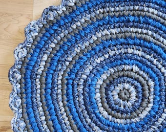 Blue Grey Rag Rug, Crochet Handmade upcycled textile art accent rug, Reversable crochet circle throw rug.  34 inch