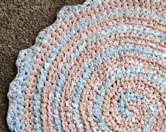 Crochet Rag Rug, Mustard Grey Handmade upcycled textile art accent rug, Reversable crochet circle throw rug.  35" inch
