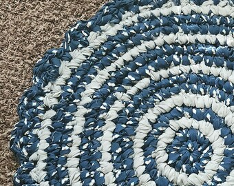 Handmade Rag Rug, Blue Grey round upcycled textile fabric art accent rug, Reversable crochet circle throw rug