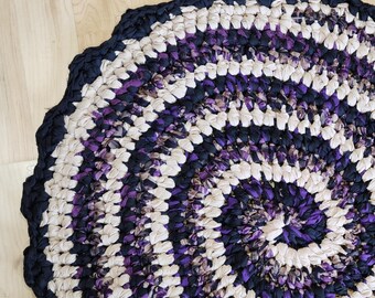 Purple Rag Rug, Crochet Purple Black Beige upcycled textile art accent rug, Reversable crochet circle chunky throw rug.  34 inch