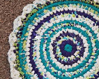 Handmade Rag Rug, Teal Purple  White round upcycled textile fabric art accent rug, Reversable crochet circle throw rug, 27 inches.