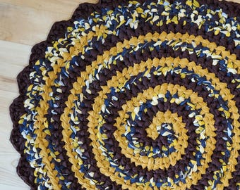 Handmade Crochet Rag Rug, Mustard Brown Spiral, 32" Upcycled Textile Art Accent