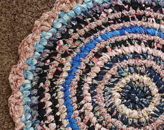 Blue Brown Rag Rug, Handmade upcycled textile art accent rug, Reversable crochet circle throw rug in blue rose, 29.5 inch.
