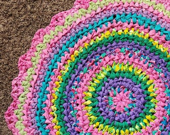 Crochet Rag Rug, Round Easter inspired Pink purple green Handmade upcycled textile art accent rug, Reversable circle throw rug.  30.5" inch