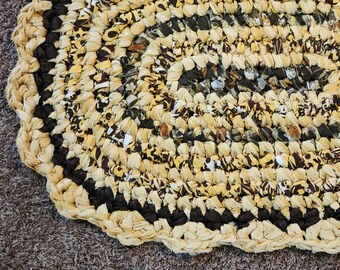 Handmade Rag Rug, Brown Mustard Yellow Oval upcycled textile fabric art accent rug, Reversable crochet circle throw rug, 31 x 22.5 inch.