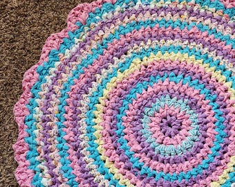 Pastel Rag Rug, Pink lavender blue scallop edge handmade upcycled textile art accent rug, Crochet chunky circle throw rug.  32.5" inch
