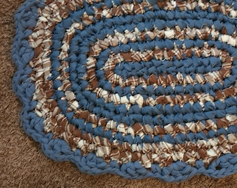 Handmade Rag Rug, Blue Brown oval upcycled textile fabric art accent rug, Reversable crochet circle throw rug, 30 x 22 inch.