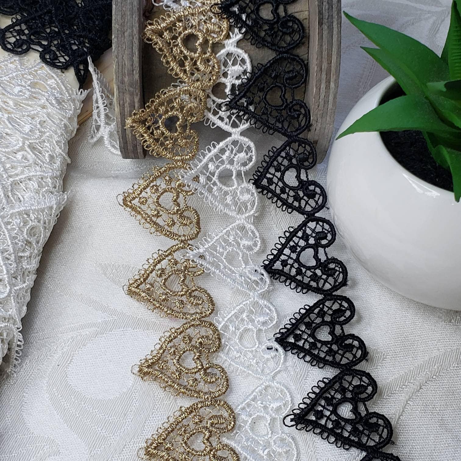 Heart Venice Lace, White, Gold, Black Lace Trim, Sewing Craft