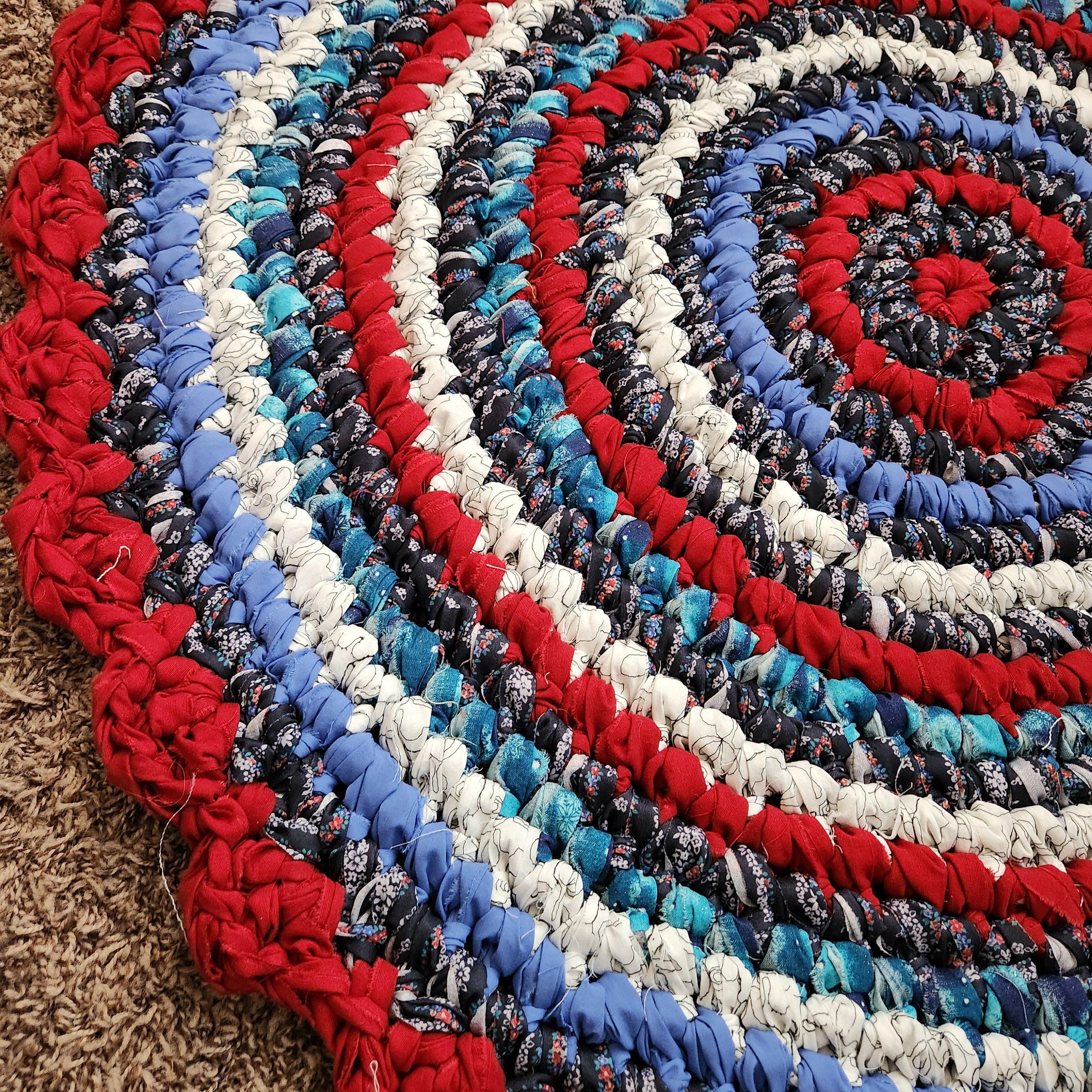 Patriotic Rag Rug, Red White Blue Handmade Upcycled Textile Art