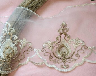 Mesh Curtain Lace, Ecru Gold Cream Sheer Embroidered Lace Cream Trims, Sewing Craft Supplies, Garment Curtain dress
