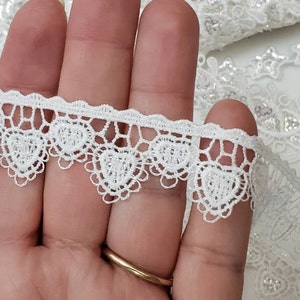 Heart Sequin Lace, White Scallop Shimmery Mini Heart Venice Border Trim, Fabric Lace Trim Embellishment, Sewing Craft supplies
