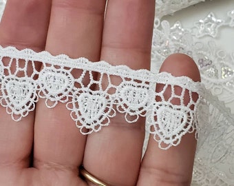 Heart Sequin Lace, White Scallop Shimmery Mini Heart Venice Border Trim, Fabric Lace Trim Embellishment, Sewing Craft supplies