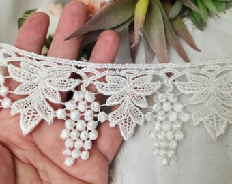 White Venice Lace Trim, Grape Cluster Design, Bridal Sewing Supply