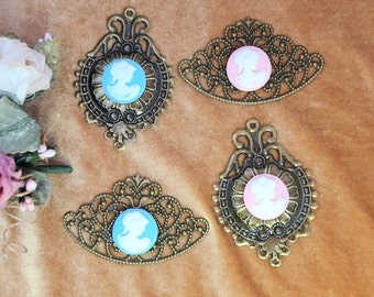 Pink Blue Cameo, Pair of filigree Embellishments, 2 pieces, Connectors for craft projects, Victorian Shabby Chic Vintage inspired.