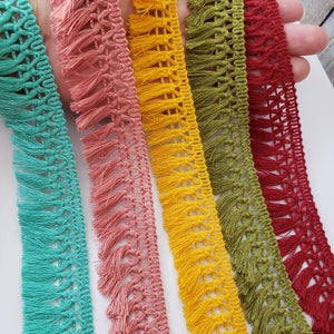 Cotton Fringe Trim, Boho Cotton Blend in Teal Dusty Rose Burgundy Red Avocado Green Mustard. Sewing Craft supplies junk journal, lamp shade