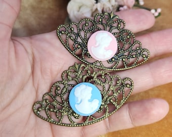 Pink Blue Cameo, Pair of filigree Embellishments, 2 pieces, Connectors for craft projects, Victorian Shabby Chic Vintage inspired.