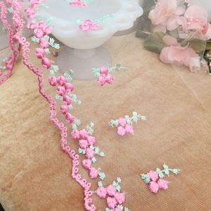 Embroidered Pink Lace.  Floral sheer mesh netted rose lace. Sewing craft supplies, Garment trimmings By the yard 7.5 inches wide.
