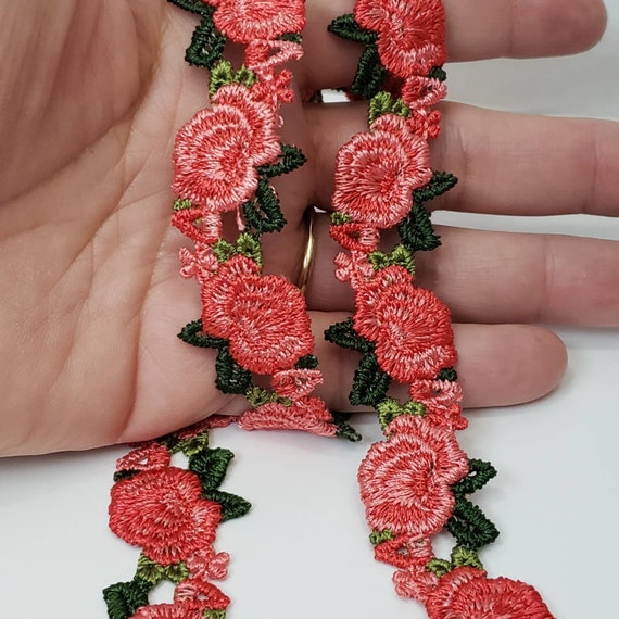Flower Rose Lace, Red Green Pink Floral Rococo Trims, Lace