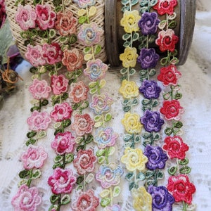 Rococo Flower Rose Trim, Pink Purple peach yellow Embroidered Floral lace embellishment, Sewing or Craft supplies, By the yard 3/4 inch wide