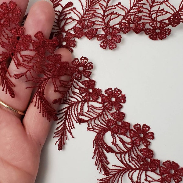 Burgundy Red Fringe, Floral delicate light feather fringe, For sewing crafts supplies,  junk journal scrapbook Lamp shade pillows curtains