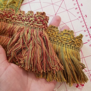 Red Green Fringe, Brush Trim in Avocado Green or Burgundy Red with Gold, Craft Sewing supplies for Curtain lampshade upholstery trims