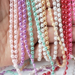 Half Pearl Trim, Flat Back Faux Pearl Beads, half pearl craft bead strand chain, 4mm. white cream pink red peach mint peach black image 7