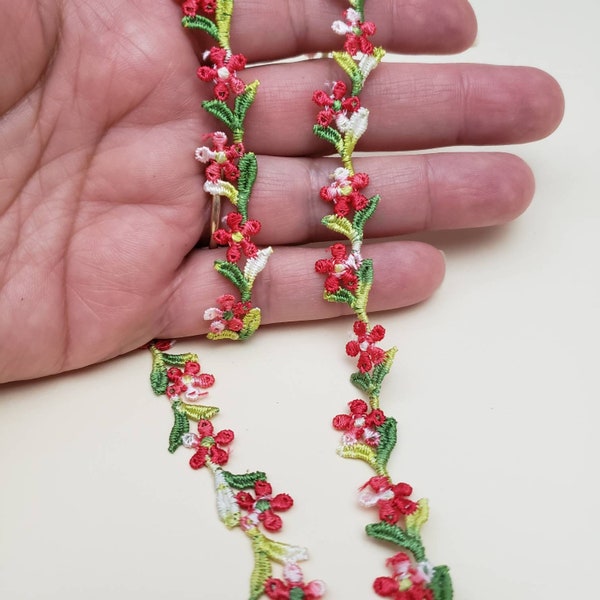 Miniature Rococo Doll Lace, Daisy Red Green Flower Trim,  embroidered embellishment, by the yard , Shabby Chic supplies junk journal