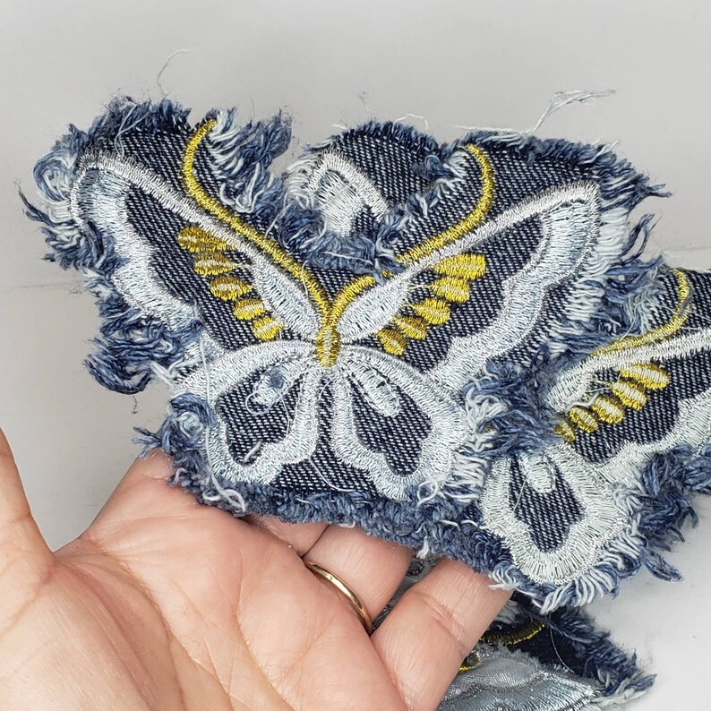 Butterfly Jean Patch Frayed Distressed Tattered Blue Gold Sew Etsy
