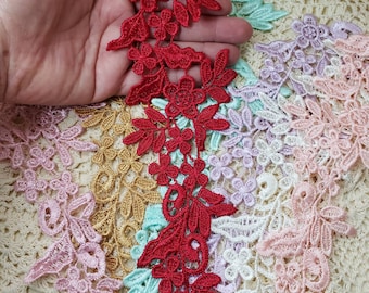 Lace Applique Collar, 2 pieces, Floral bridal Venice Lace patch for wedding dress Pink, purple, gold, red, Sewing craft supplies